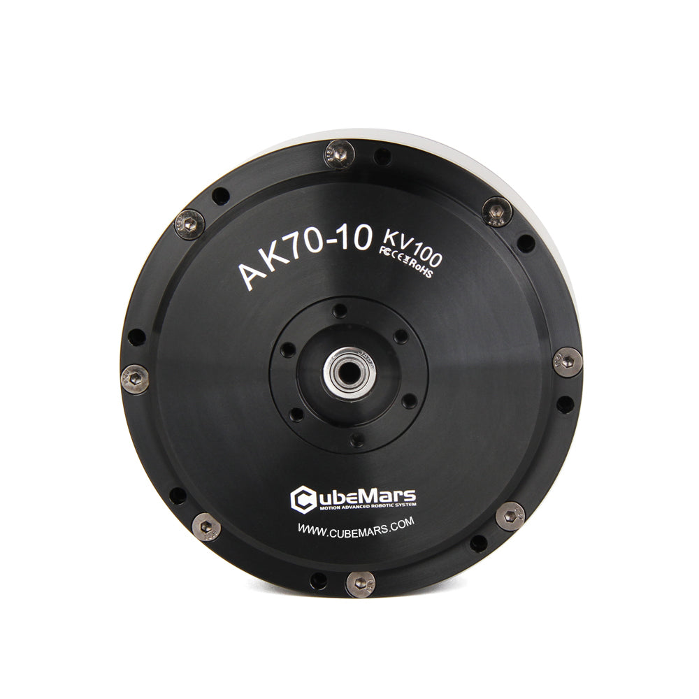 CubeMars T-Motor AK70-10 robotics actuator with controller. KV100. Front view. Black color. Made of steel. Diameter: 89 mm. Holes for 8 bolts to fix the servo. The rotor allows 6 bolts to be screwed in.