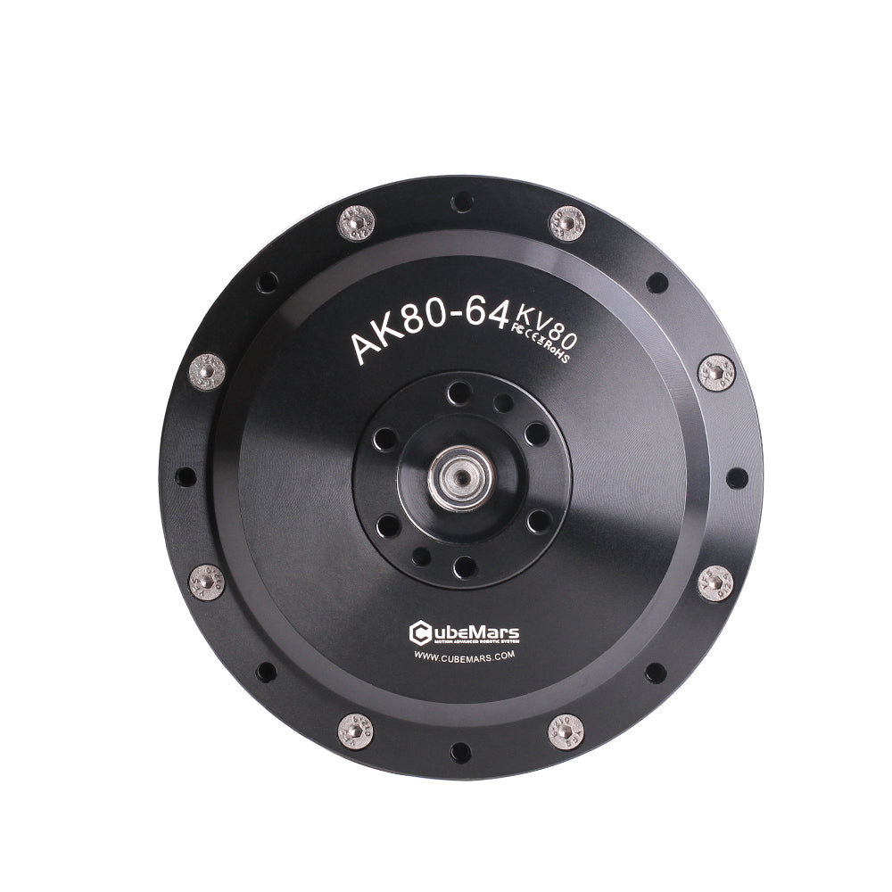 CubeMars T-Motor AK80-64 robotics actuator with controller. KV80. Front view. Black color. Made of steel. Diameter: 98 mm. Holes for 8 bolts to fix the motor. The rotor allows 6 bolts to be screwed in.