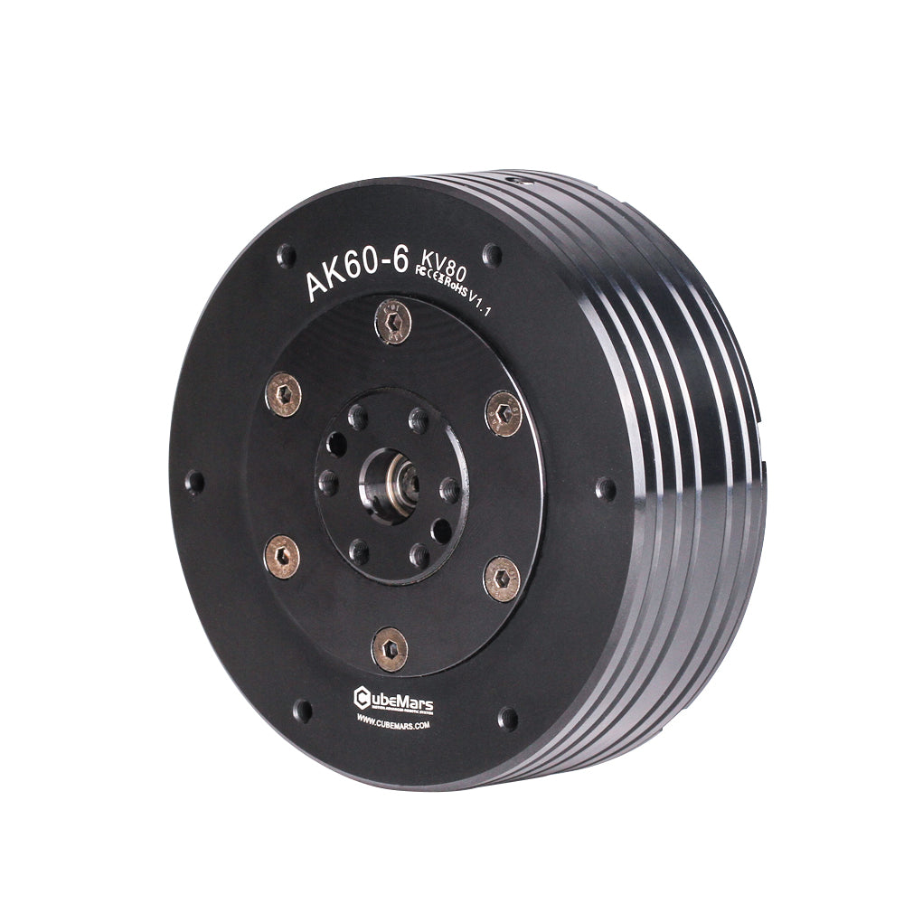 CubeMars T-Motor AK60-6 actuator with controller for robotics. Angle view. Black color. Made of steel. Diameter: 79 mm.