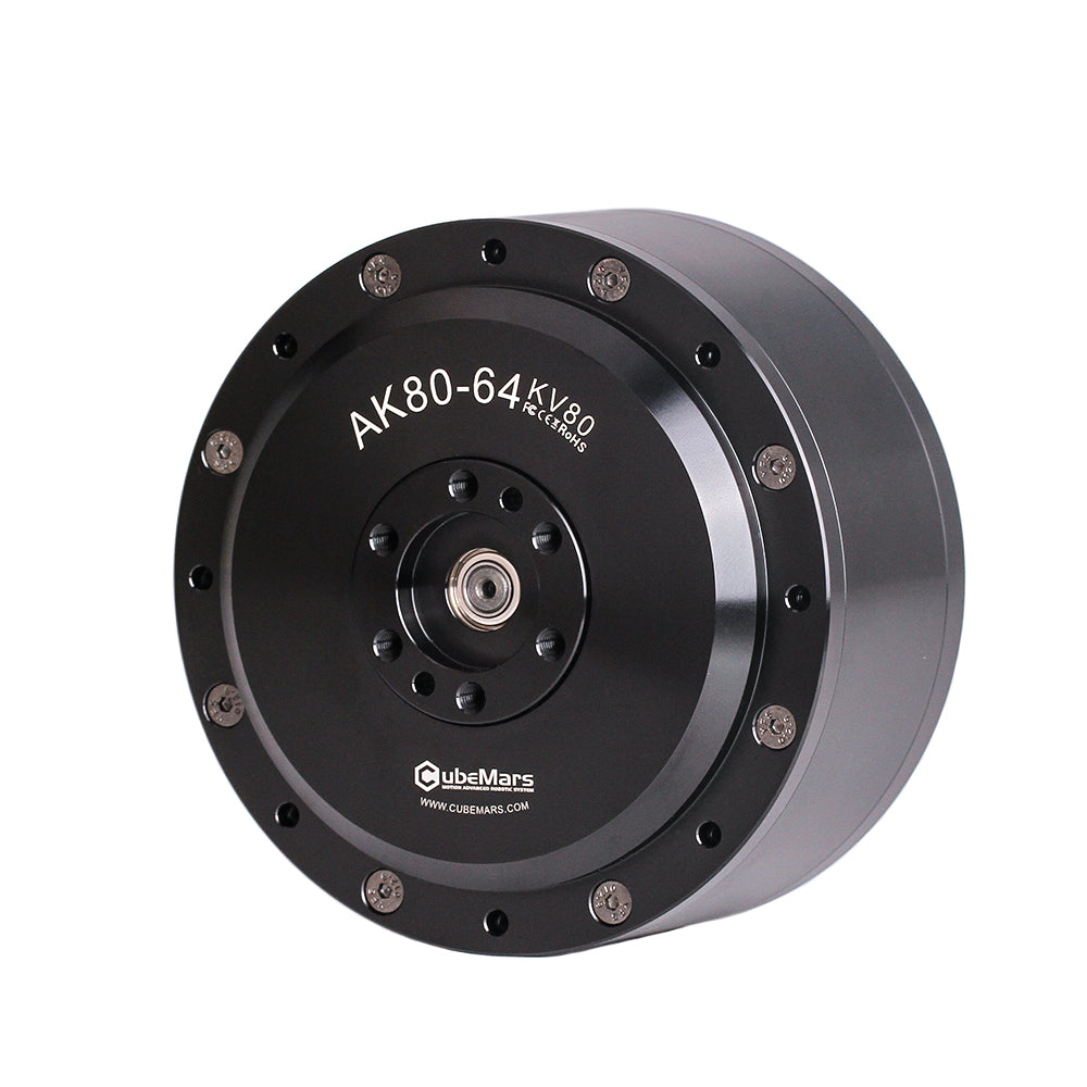 CubeMars T-Motor AK80-64 robotics actuator with controller. KV80. Clockwise angle front view. Black color. Made of steel. Diameter: 98 mm.