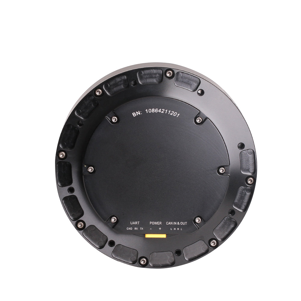 CubeMars T-Motor AK80-64 robotics actuator with controller. KV80. Back view. Black color. Made of steel. Diameter: 98 mm. Serial number. UART (GND, RX, TX), POWER (-+), CAN (IN & OUT)..