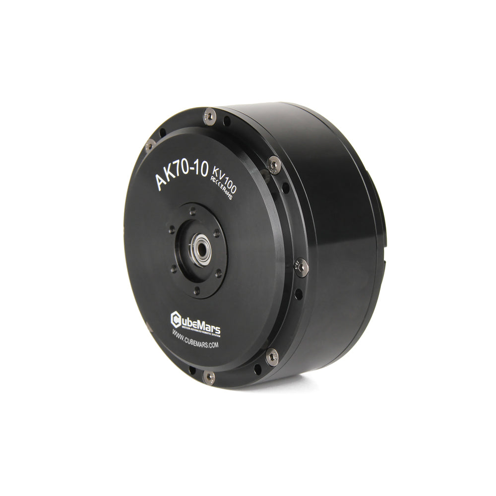 CubeMars T-Motor AK70-10 robotics actuator with controller. KV100. Angle front view. Black color. Made of steel. Diameter: 89 mm.