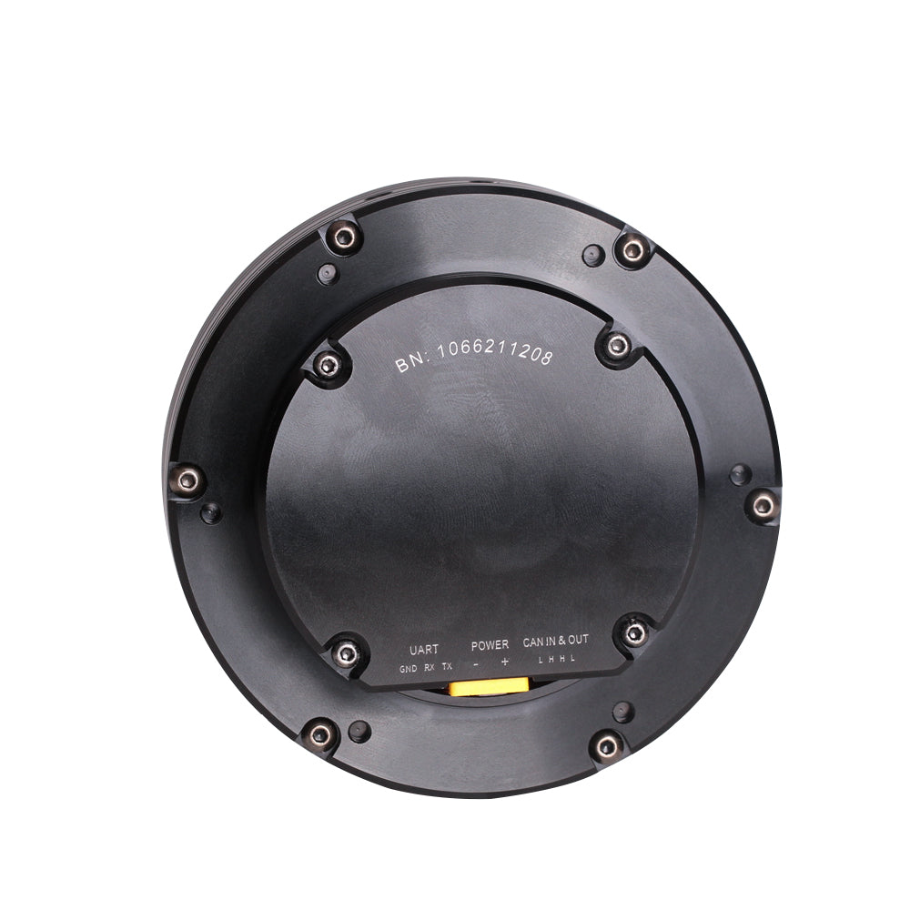 CubeMars T-Motor AK60-6 actuator with controller for robotics. Back side view. Black color. Made of steel. Diameter: 79 mm. Serial number. UART (GND, RX, TX). Power (-+). CAN IN, CAN OUT.