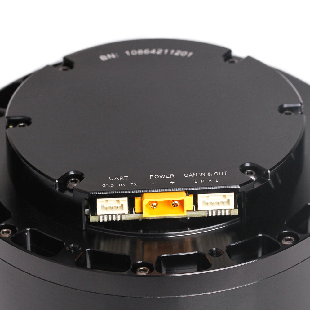 CubeMars T-Motor AK80-64 robotics actuator with controller. KV80. Detailed sockets view. Black color. Made of steel. Diameter: 98 mm. UART connector: A1257-WR-S-3P. Power connector: XT30PW-M. CAN connector: A1257-WR-S-4P.