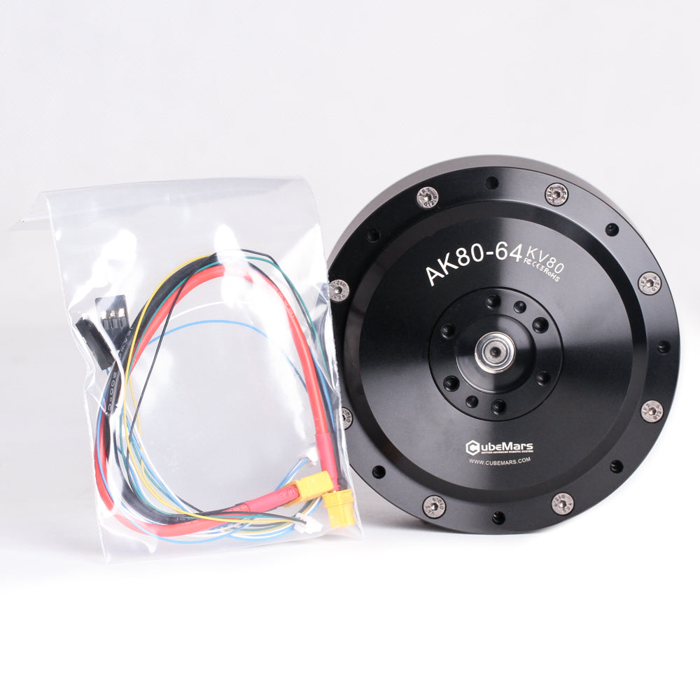 CubeMars T-Motor AK80-64 robotics actuator with controller. KV80. Front view. Black color. Made of steel. Diameter: 98 mm. The servo comes with power cable, CAN-wires and UART-wires.
