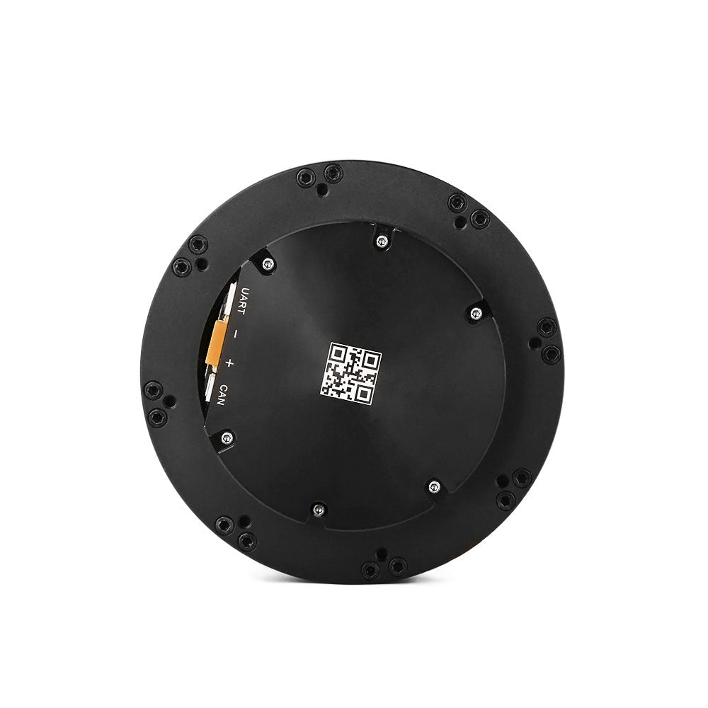 CubeMars T-Motor AK80-6 robotics actuator with controller. KV100. Back view. Black color. Made of steel. Diameter: 98 mm. UART, POWER, CAN.