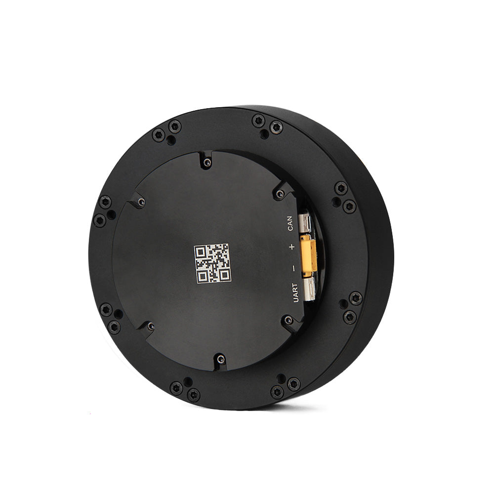 CubeMars T-Motor AK80-6 robotics actuator with controller. KV100. Back view. Black color. Made of steel. Diameter: 98 mm. UART connector: A1257-WR-S-3P. Power connector: XT30PW-M. CAN connector: A1257-WR-S-4P.
