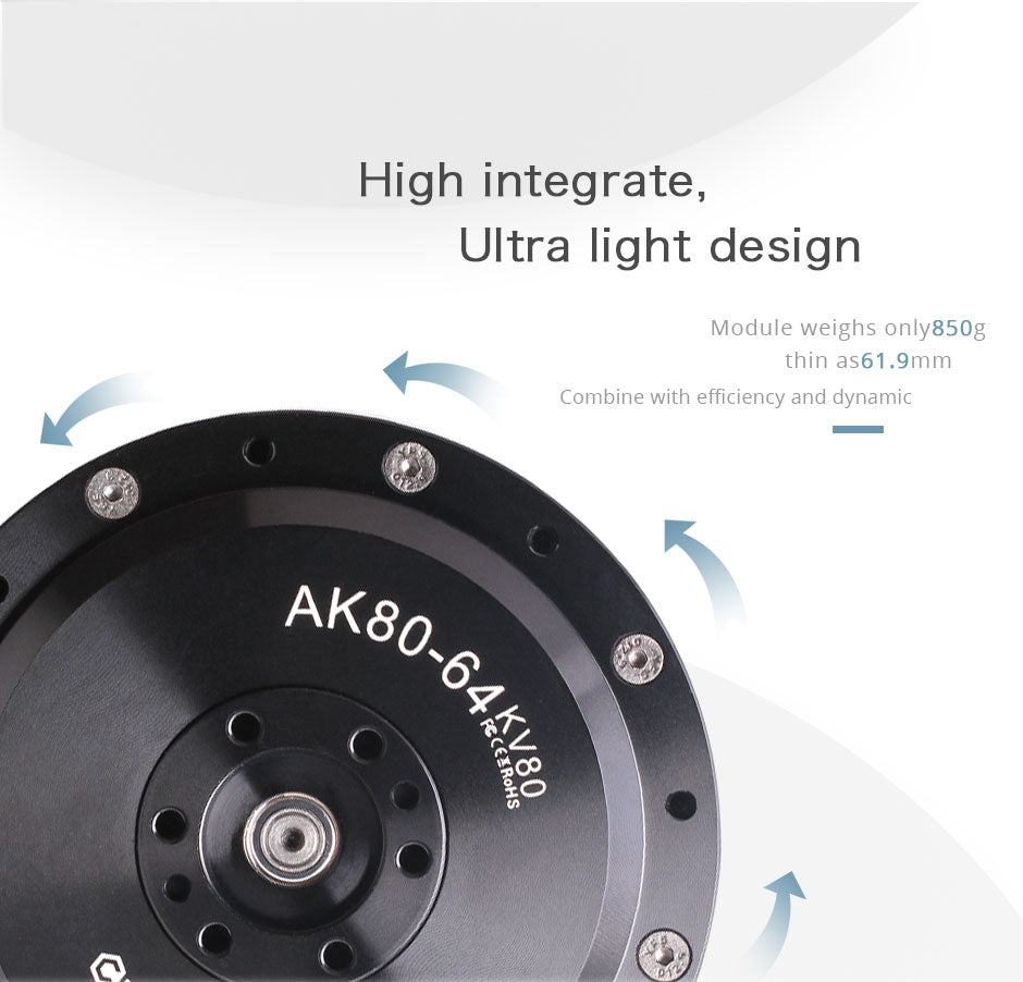 CubeMars T-Motor AK80-64 KV80 robotics actuator with controller weighs only 850 grams and is 61.9 mm thin. The servo combines efficiency and dynamics.
