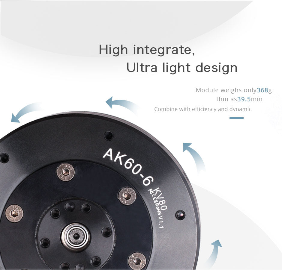 CubeMars T-Motor AK60-6 KV80 robotics actuator with controller weighs only 368 grams and is as thin as 39.5 mm. Combines efficiency and dynamics.