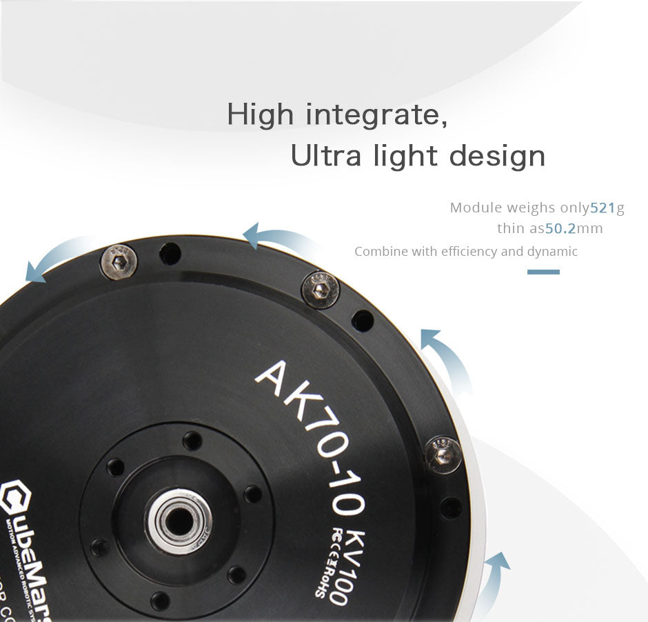 CubeMars T-Motor AK70-10 KV100 robotics actuator with controller weighs only 521 grams and is as thin as 50.2 mm.