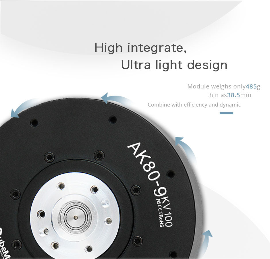 CubeMars T-Motor AK80-9 KV100 robotics actuator with controller weighs only 485 grams and is as thin as 38.5 mm.