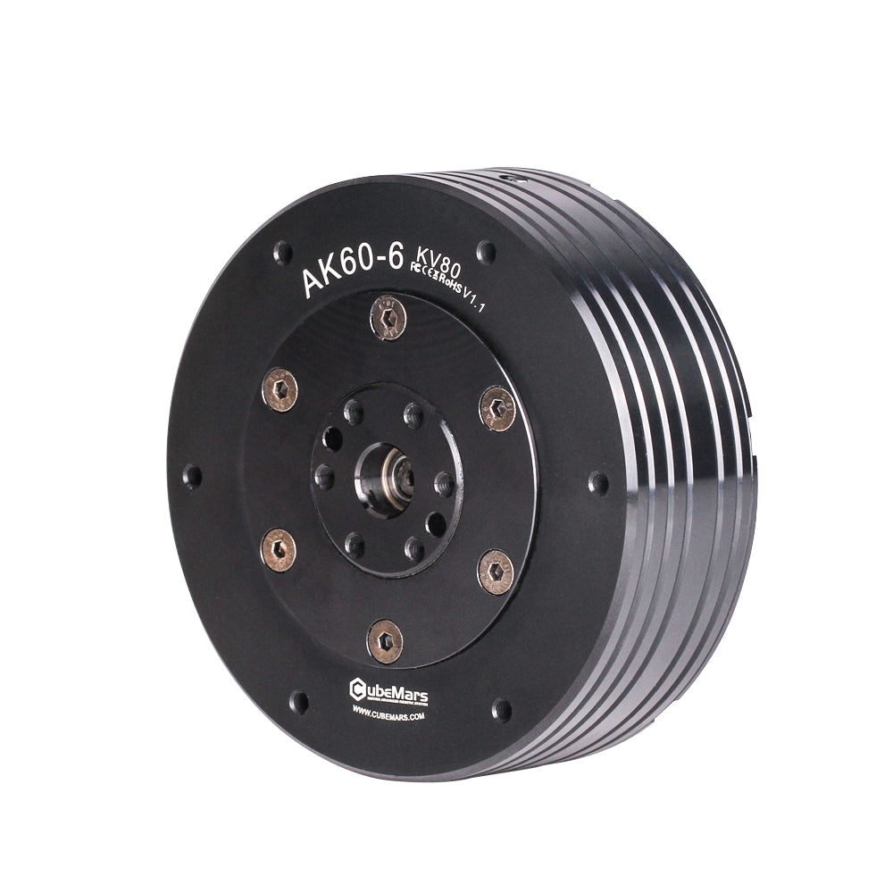 CubeMars T-Motor AK60-6 KV80 actuator with controller for robotics. Angle view. Black color. Made of steel. Diameter: 79 mm.