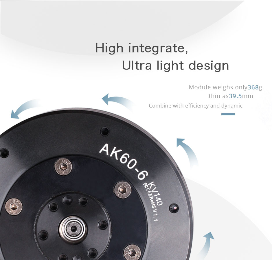 CubeMars T-Motor AK60-6 KV140 actuator with controller for robotics weighs only 368 grams and is as thin as 39.5 mm. Combines efficiency and dynamics.