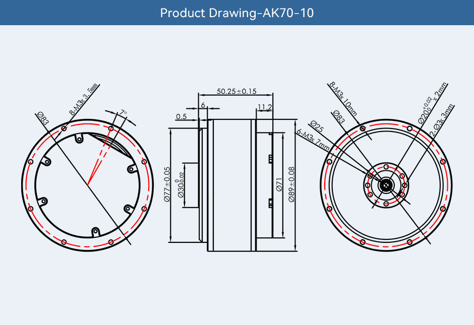 CubeMars T-Motor AK70-10 robotics actuator technical drawing. Diameter: 89 mm. Hight: 50.25 mm.