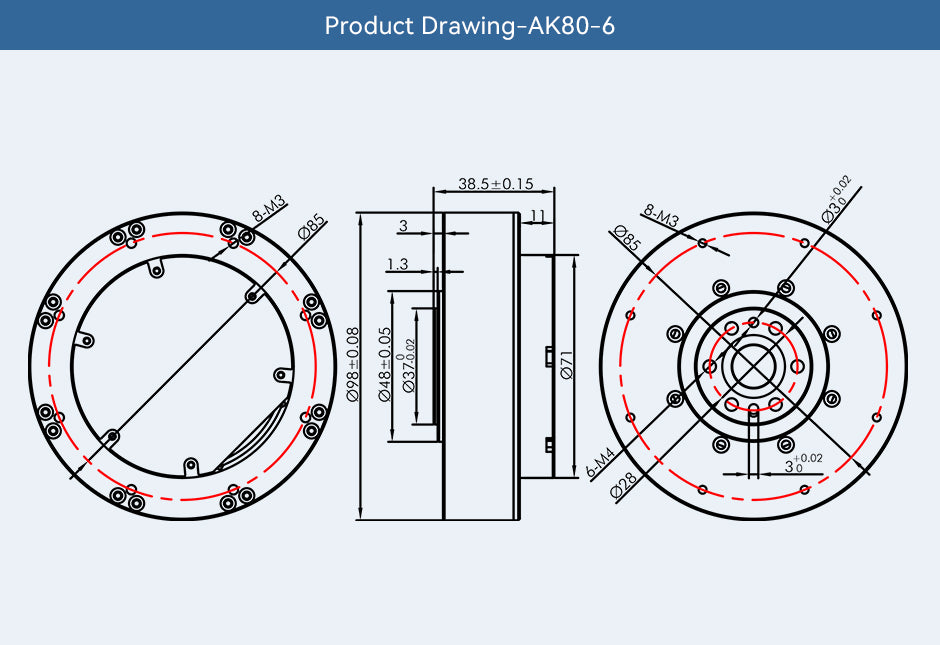 CubeMars T-Motor AK80-6 robotics actuator technical drawing. Diameter: 98 mm. Hight: 38.5 mm.