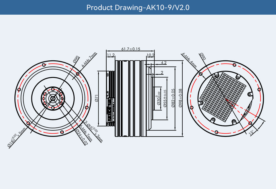 CubeMars T-Motor AK10-9 robotics actuator with controller technical drawing. Diameter: 98 mm. Height: 61.7 mm. The rotor allows 6 bolts to be screwed in.