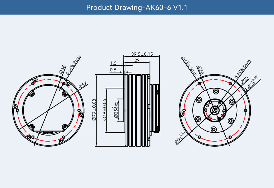 CubeMars T-Motor AK60-6 KV80 robotics actuator technical drawing. Diameter: 79 mm. Hight: 39.5 mm.