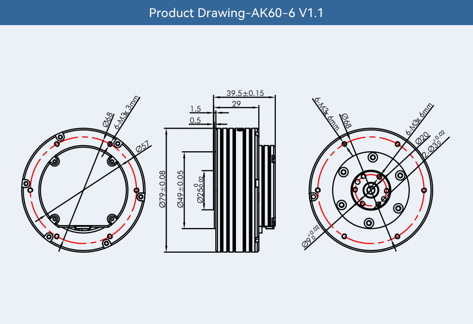 CubeMars T-Motor AK60-6 robotics actuator technical drawing. Diameter: 79 mm. Hight: 39.5 mm.